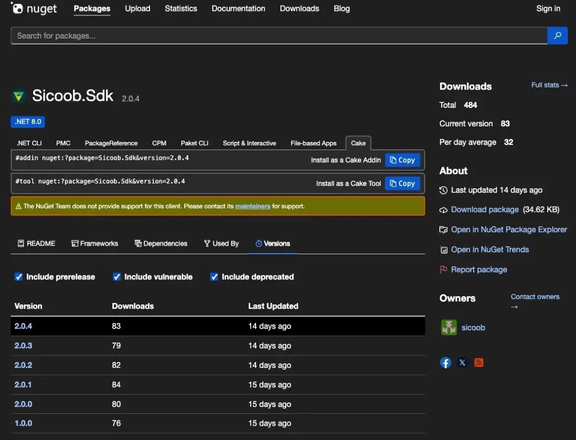 Malicious Sicoob.Sdk NuGet package recorded 484 downloads across multiple compromised versions(source :socket)