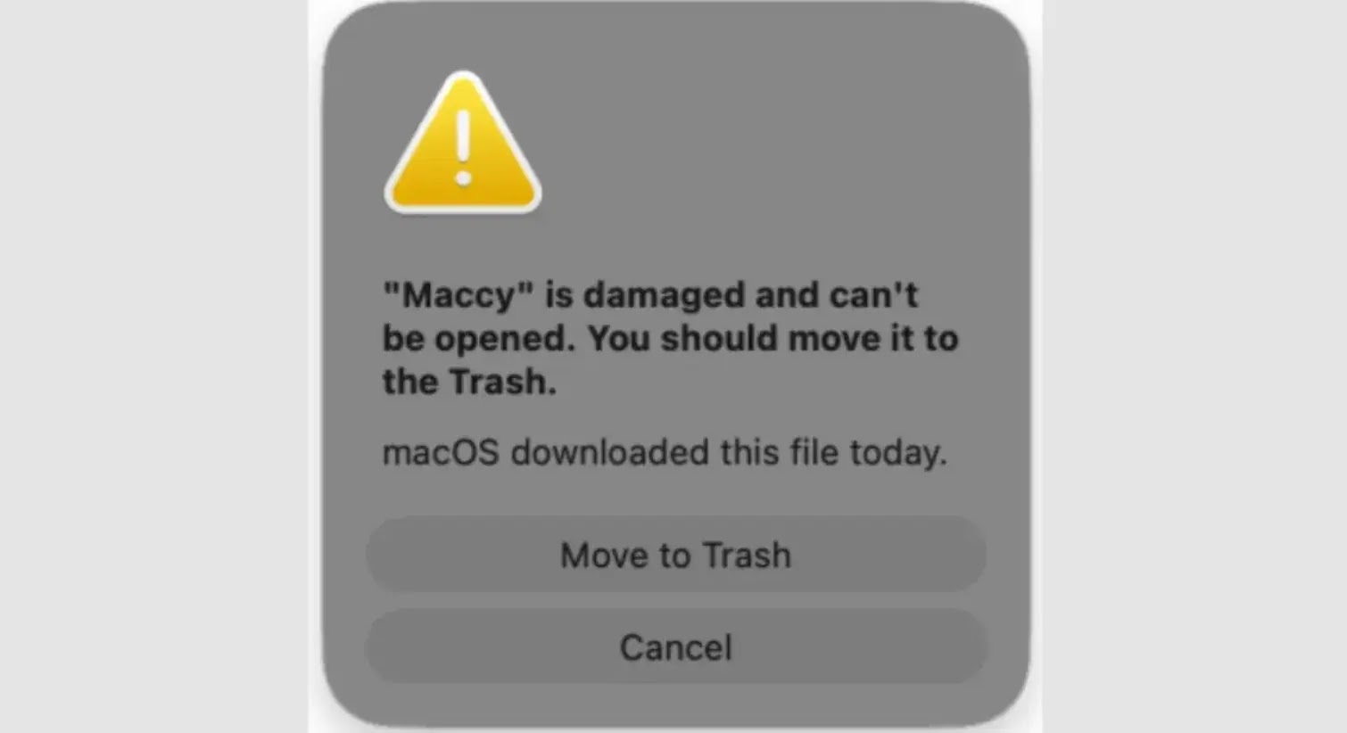 After capturing the password, the stealer displays a fake "Maccy is damaged" alert to deceive the user ( source :Jamf Threat Labs)