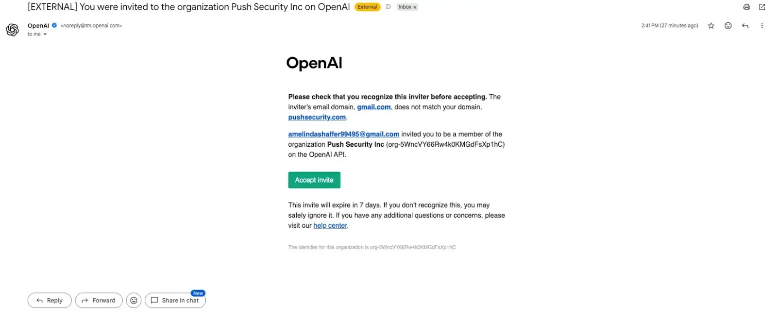 Invitation email showing OpenAI branding, "Push Security Inc" org name, and the Gmail sender address ( source : pushsecurity )
