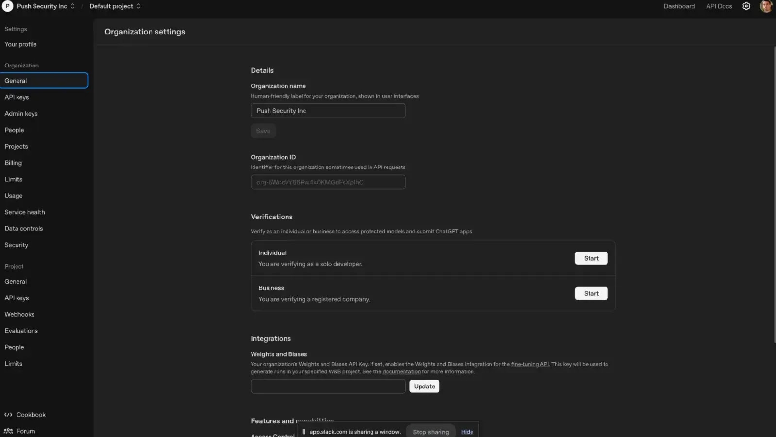 Settings screen showing the organization name “Push Security Inc”  ( source : pushsecurity )