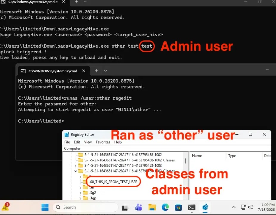 LegacyHive loads an admin user's Classes registry hive, allowing another user to access it via Regedit (source : infosec.exchange/@wdormann)