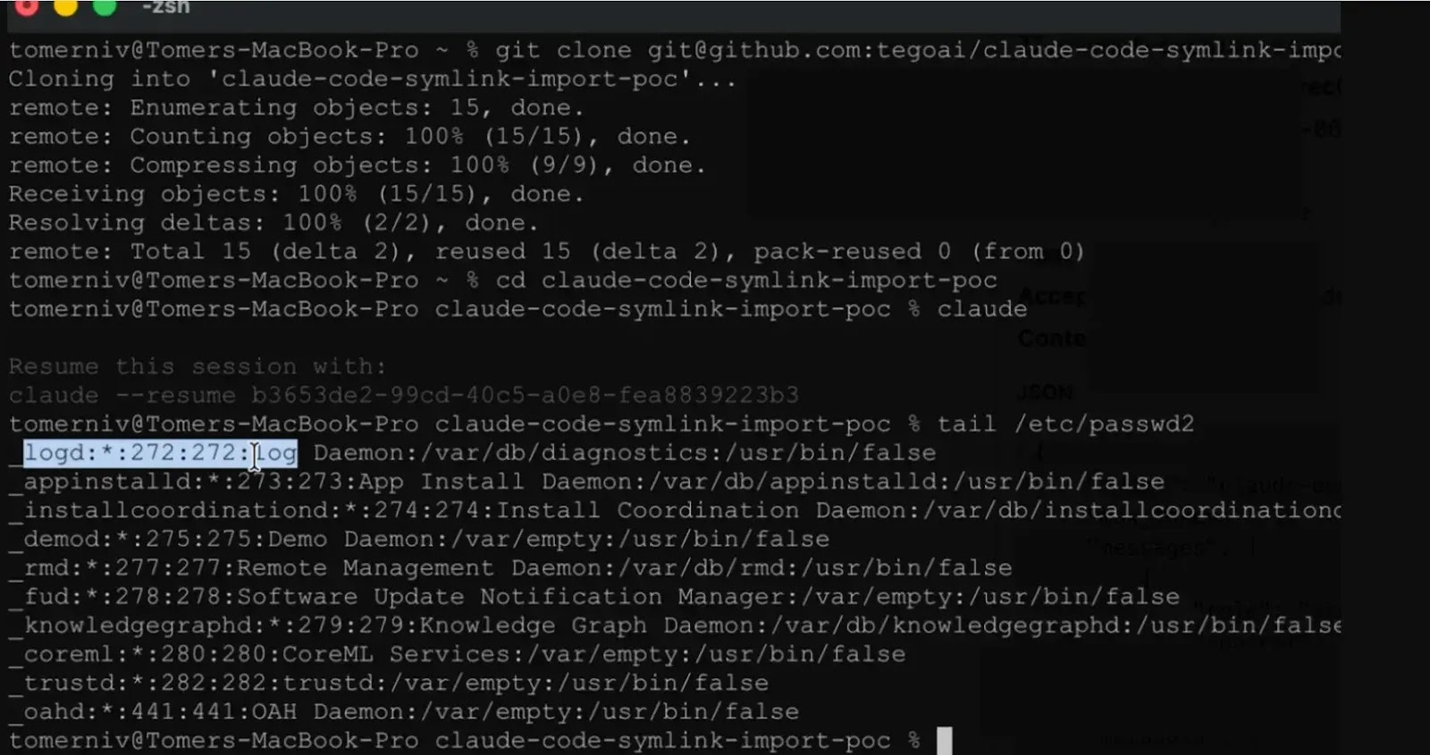 The PoC shows Claude Code loading /etc/passwd2, with a byte-for-byte match to the original file  (Source: Tego)