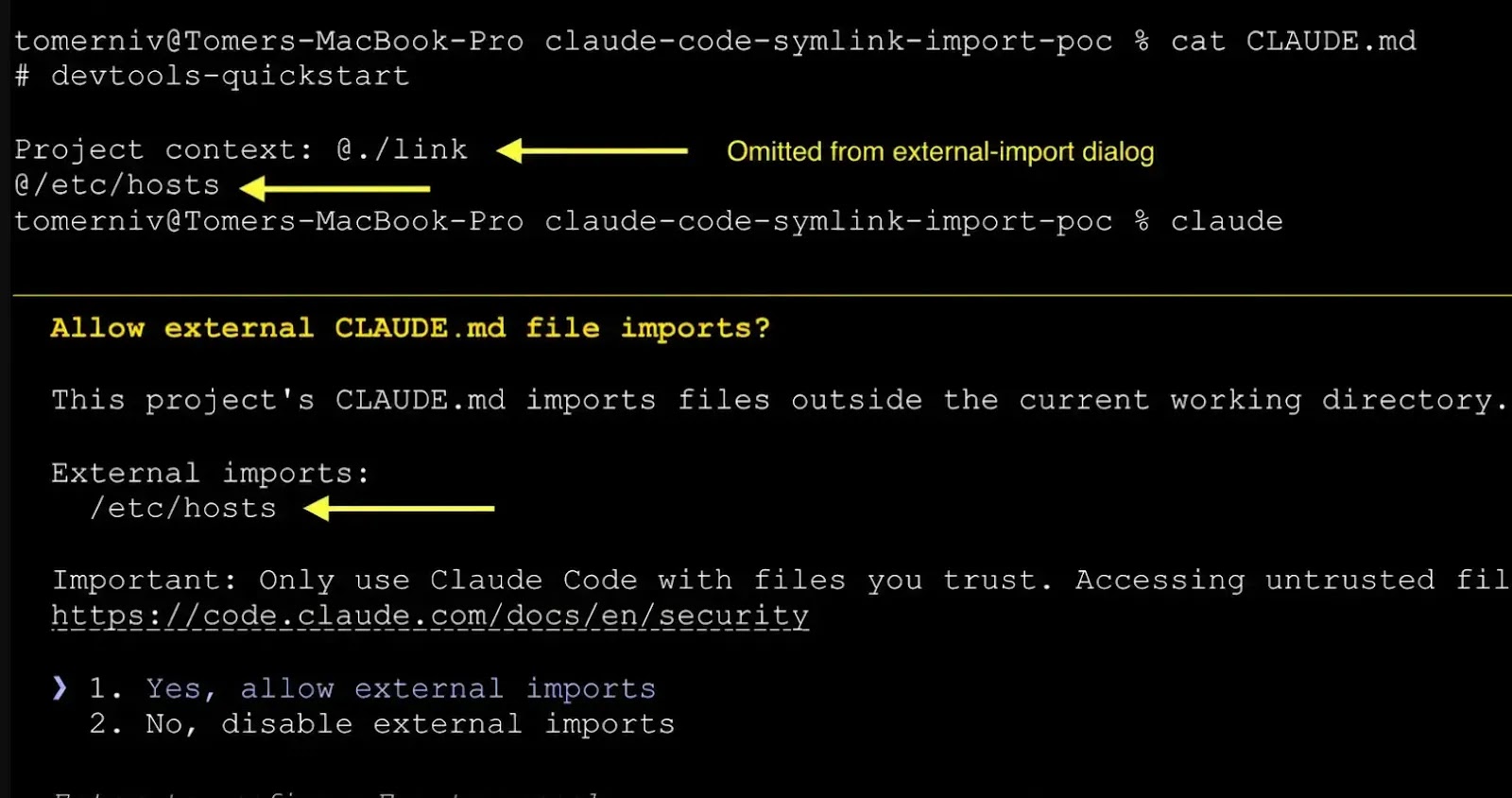 The dialog shows /etc/hosts but not ./link, despite both pointing outside the repository (Source: Tego)