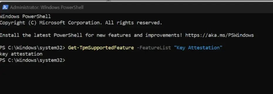 A “Key Attestation” response confirms the server supports TPM attestation for KMS Hardware-Secured (Source : Microsoft )