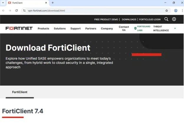 Screenshot from actor-controlled website vpn-fortinet[.]com masquerading as Fortinet (Source - Microsoft)