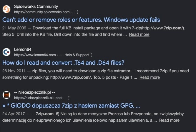 Screenshot of Google search results showing historical mentions of 7zip[.]com (Source - Infoblox)