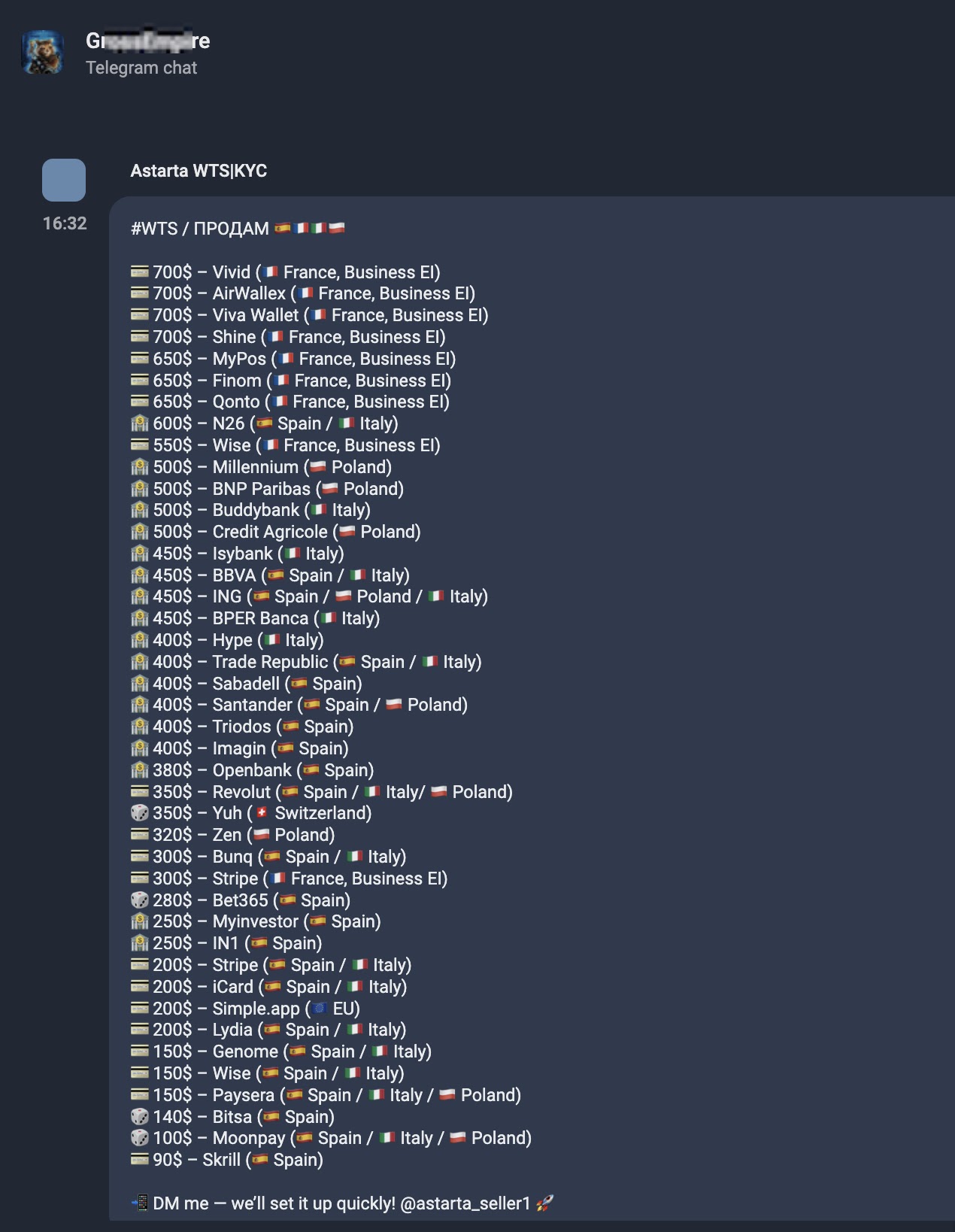Screenshot of verified mule accounts listing by @astarta_seller1 (Source - Group-IB)