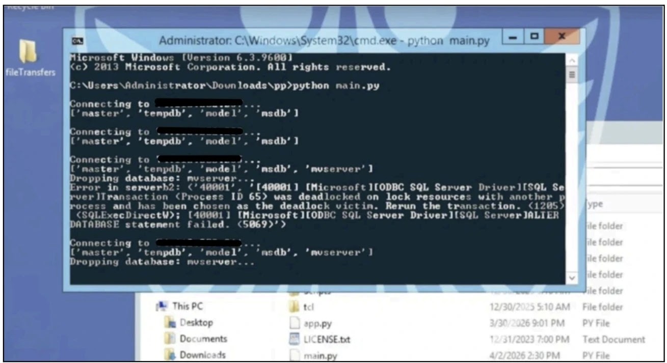 Scripted SQL Server database deletion via main.py (Source - Gambit)