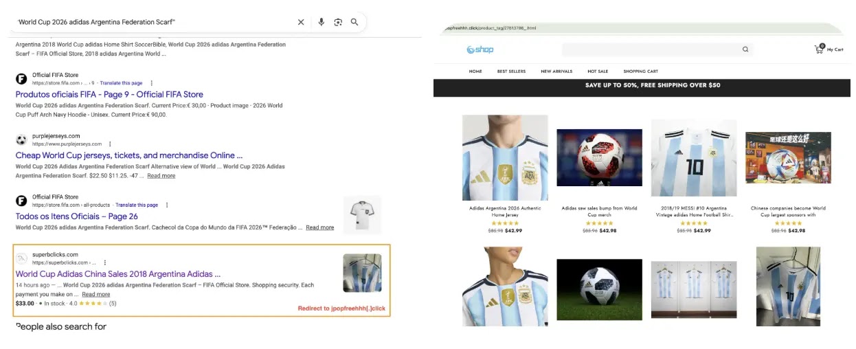 Search engine results for superbclicks[.]com redirecting victims to purchase scam domain jpopfreehhh[.]click (Source - Recorded Future)