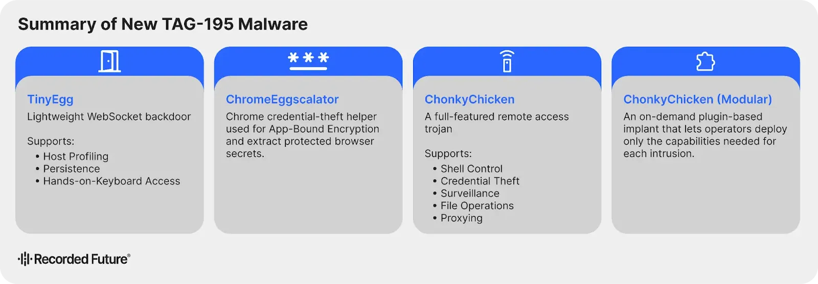 Summary of new TAG-195 malware (Source - Recorded Future)