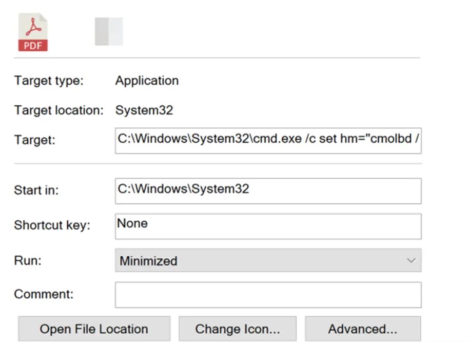 The remote .lnk file presented as a PDF after Explorer (Source - DarkAtlas)