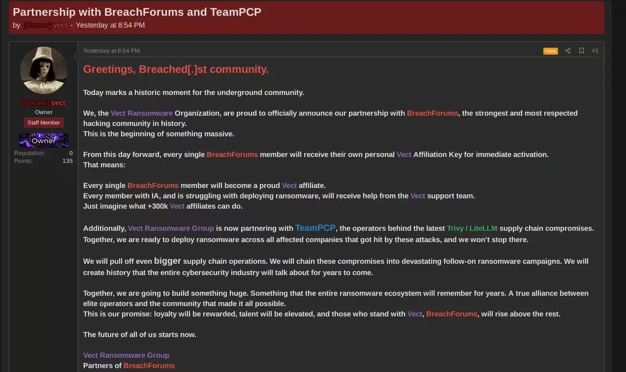 The VECT operator announced the partnership publicly on BreachForums on April 16, 2026 (Source - Vectra AI)