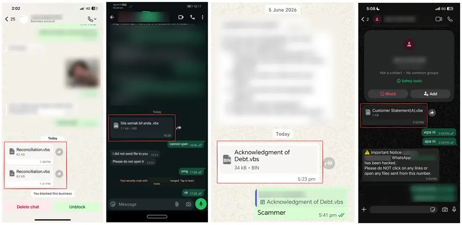 WhatsApp messages containing the malicious VBScript file observed across multiple accounts (Source - Securelist)