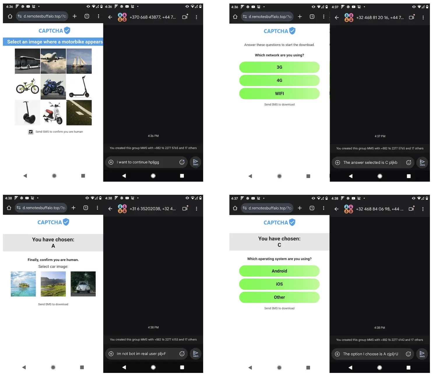 When a user encounters this IRSF actor, they will be taken through a series of fake CAPTCHAs, each requiring an SMS message to prove they are human (Source - Infoblox)