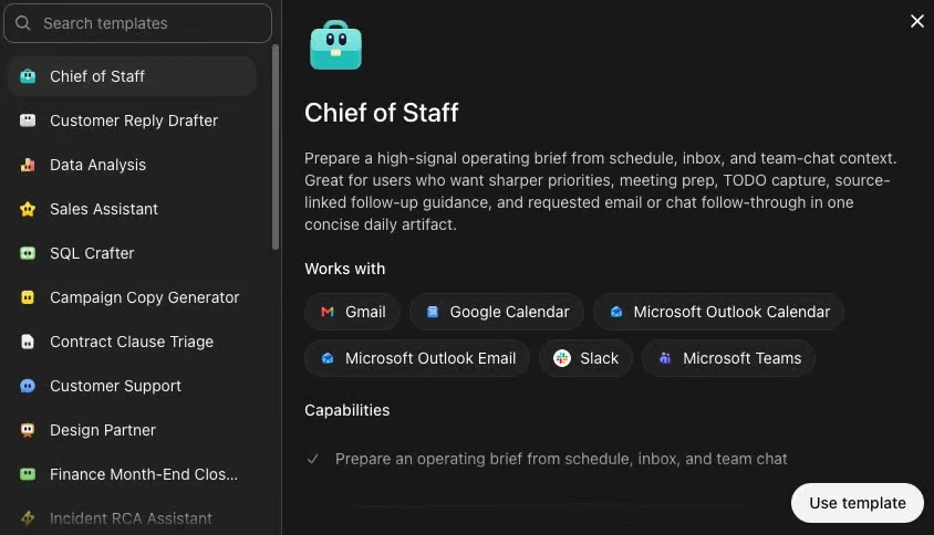 Chief of Staff agent template and connected workspace tools